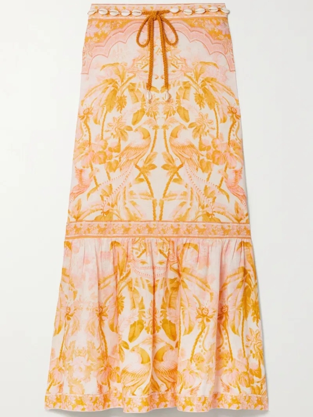 Zimmermann Lyre Shell Belted Tropical Print Linen Tiered Midi Skirt XS/S NWT